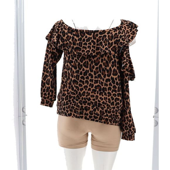 Colleen Lopez Ruffle Sweatshirt Cutout Neutral Leopard 770566E - Picture 5 of 8